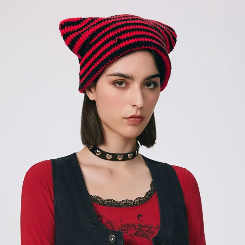 New Japanese Streetwear Harajuku Beanie Little Devil Striped Knitted Hat Women Girls Autumn Winter Cute Cat Ears Cap