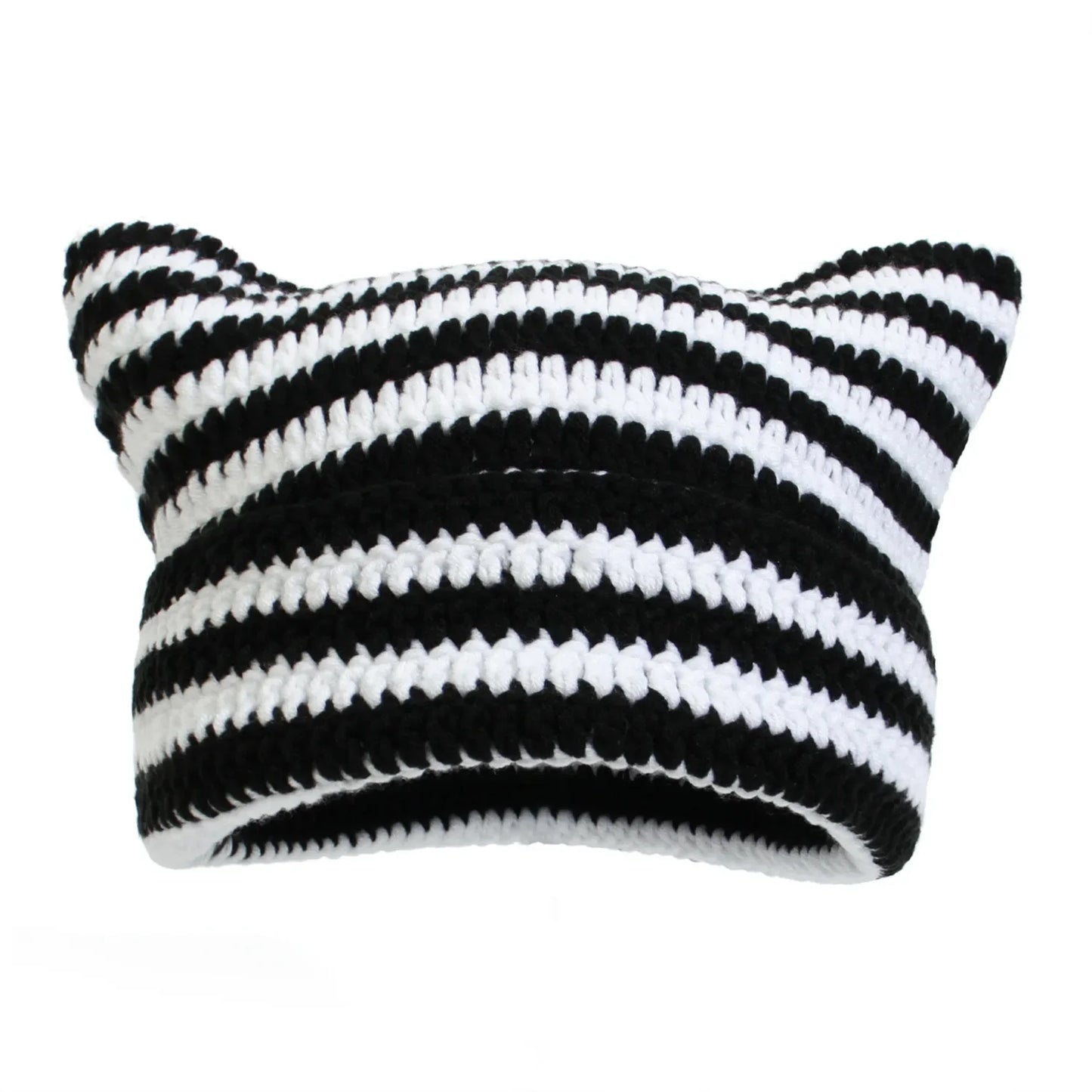 New Japanese Streetwear Harajuku Beanie Little Devil Striped Knitted Hat Women Girls Autumn Winter Cute Cat Ears Cap