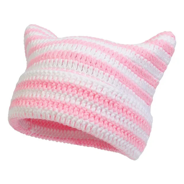 New Japanese Streetwear Harajuku Beanie Little Devil Striped Knitted Hat Women Girls Autumn Winter Cute Cat Ears Cap