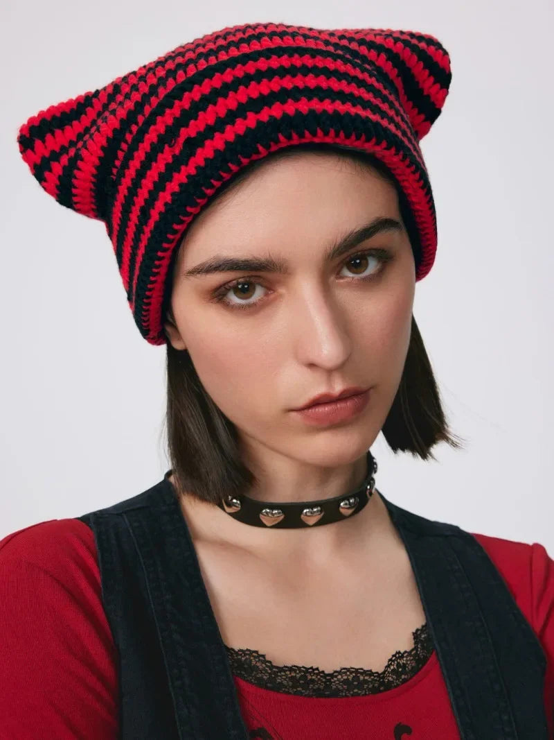 New Japanese Streetwear Harajuku Beanie Little Devil Striped Knitted Hat Women Girls Autumn Winter Cute Cat Ears Cap